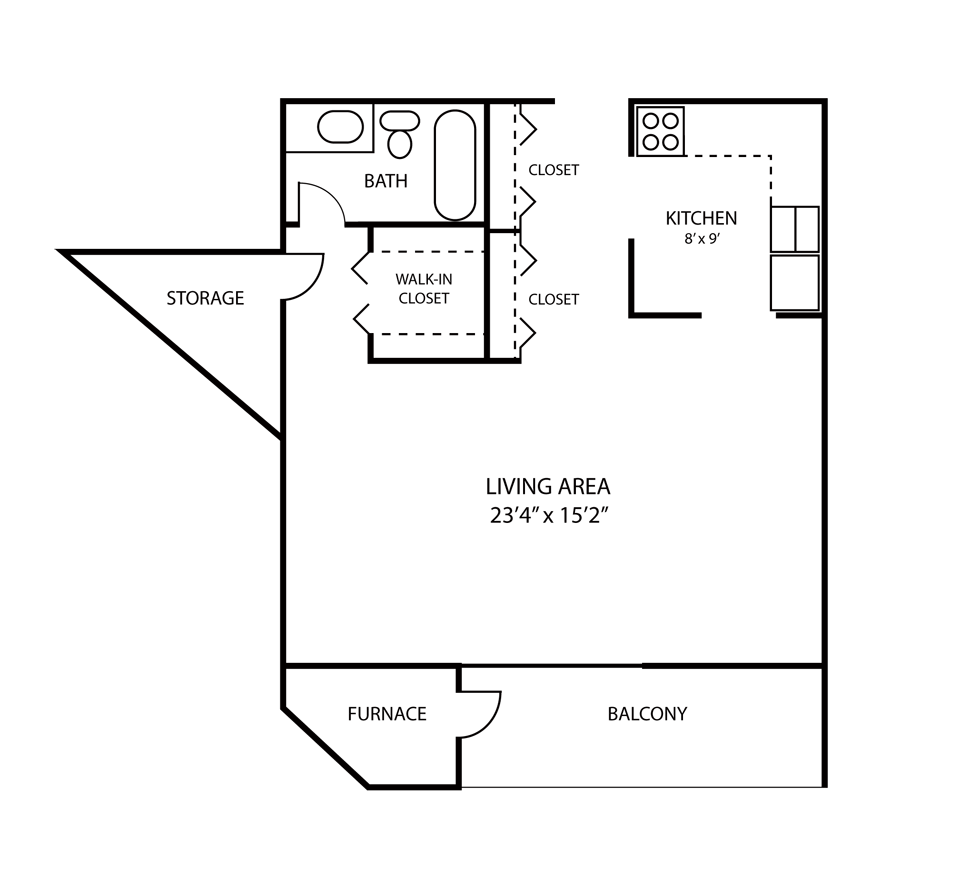 Style A: Studio 630 sq. ft. - Floor Plan
