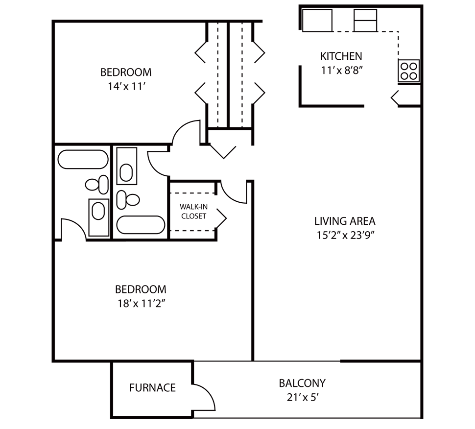 Style D: 2 Bedrooms 1,160 sq. ft. - Floor Plan